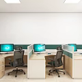 Modern Public Office Space With Multiple Cubicle Workstations Computer Monitors And Black Chairs 3d model