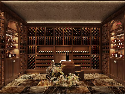 Elegant Wine Cellar With Wooden Racks And Abundant Wine Bottles 3d model