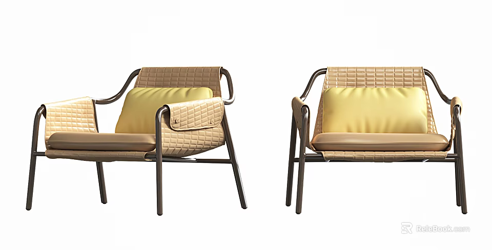Comfortable Modern Leisure Chairs With Woven Back Armrests Yellow Cushions And Metal Frame Design 3d model 
