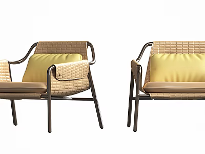 Comfortable Modern Leisure Chairs With Woven Back Armrests Yellow Cushions And Metal Frame Design 3d model