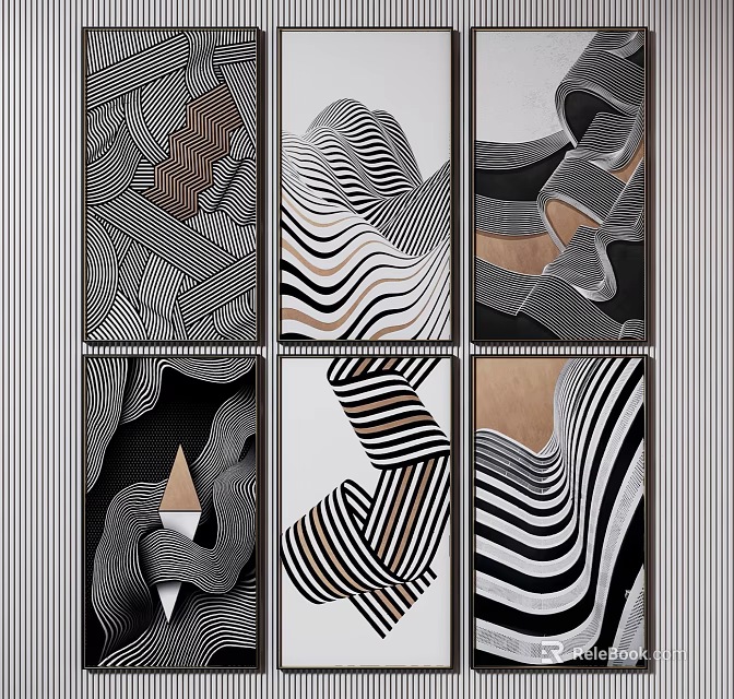 Modern Abstract Wall Decor Artworks With Geometric Lines And Wave Patterns 3d model