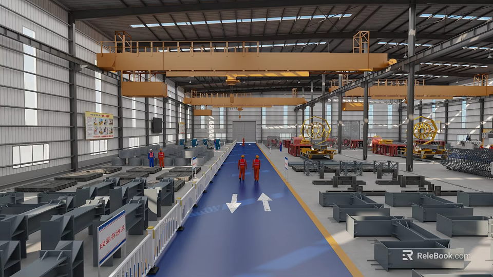 Industrial Building Components In Factory Interior With Steel Structure Overhead Crane And Safety Railings 3d model 