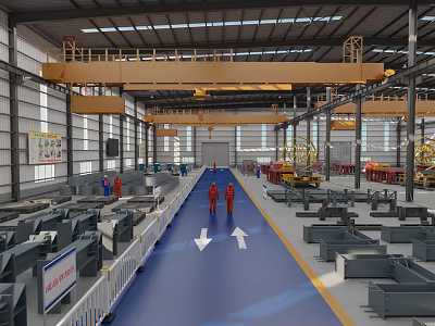 Industrial Building Components In Factory Interior With Steel Structure Overhead Crane And Safety Railings 3d model