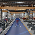 Industrial Building Components In Factory Interior With Steel Structure Overhead Crane And Safety Railings