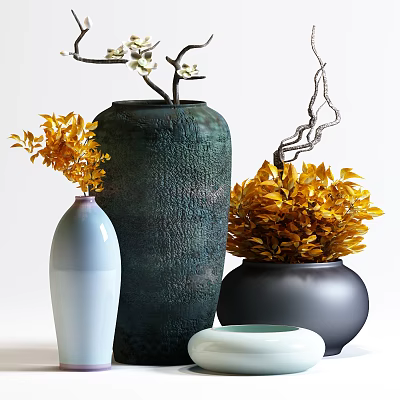 Textured Decorative Vases With Yellow And White Floral Arrangements For Home Interior 3d model