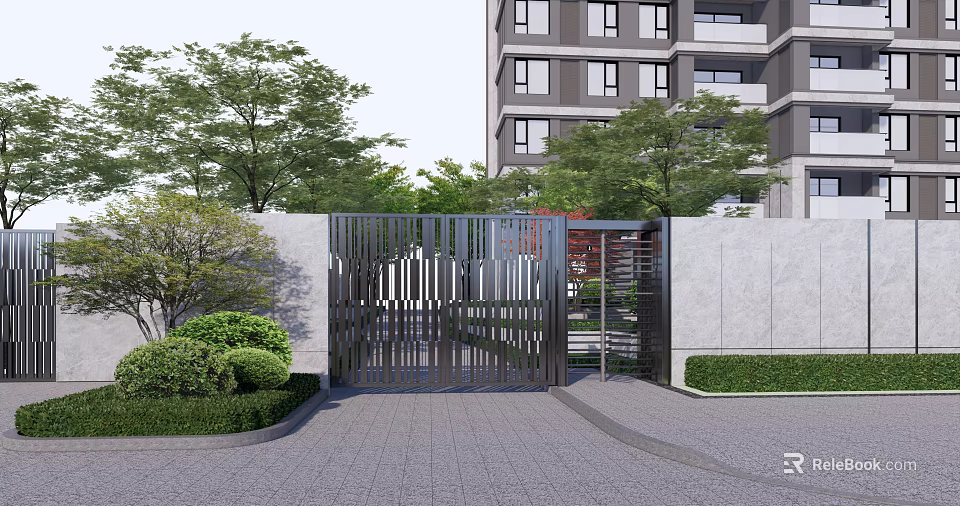 Modern Metal Grille Entrance Gate With Concrete Walls Greenery And Apartment Building 3d model 