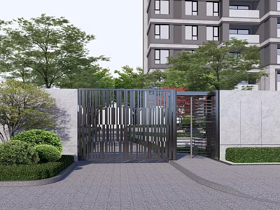 Modern Metal Grille Entrance Gate With Concrete Walls Greenery And Apartment Building 3d model