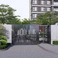 Modern Metal Grille Entrance Gate With Concrete Walls Greenery And Apartment Building