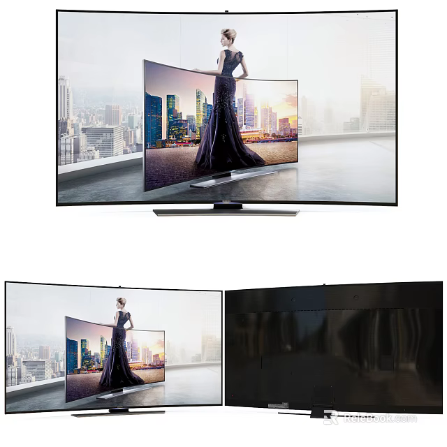 Modern Curved TV Showing Cityscape and Woman in Black Dress with Sleek Design 3d model 