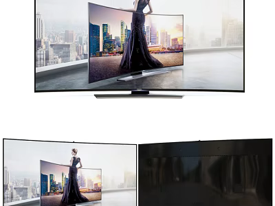 Modern Curved TV Showing Cityscape and Woman in Black Dress with Sleek Design 3d model
