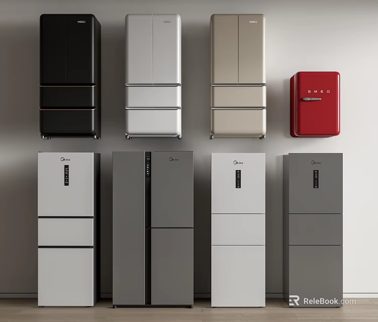 Modern Refrigerators In Various Colors And Different Styles For Kitchen Use 3d model