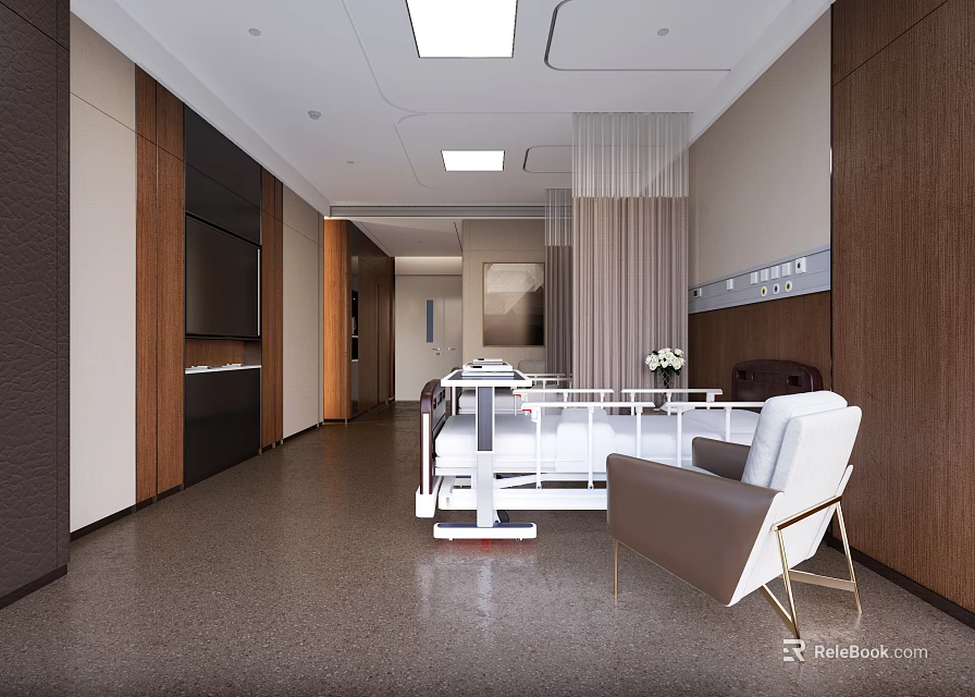 Hospital Ward Interior Design With Medical Bed Chair TV And Wooden Walls 3d model 