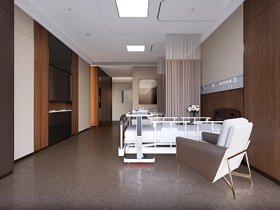 Hospital Ward Interior Design With Medical Bed Chair TV And Wooden Walls 3d model