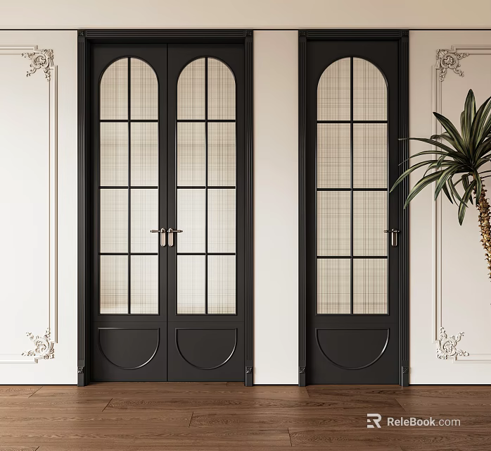 Black Casement Doors With Grid Glass Panels In White Wall Decorative Interior And Wooden Floor 3d model 