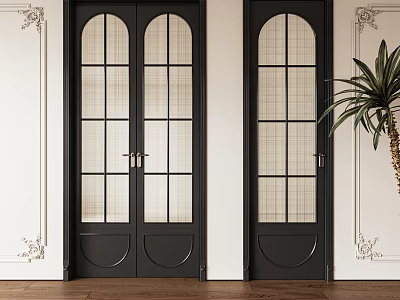 Black Casement Doors With Grid Glass Panels In White Wall Decorative Interior And Wooden Floor 3d model