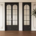Black Casement Doors With Grid Glass Panels In White Wall Decorative Interior And Wooden Floor