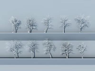 Minimalist Snow Covered Arbor Trees Arranged In Two Rows With Light Blue Background 3d model
