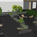 Roof Garden Outdoor Design With Green Trees Seating Area And Decorative Planters