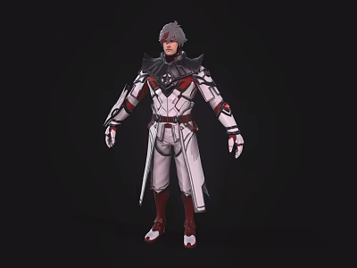 Game And Movie Character With Gray Hair White Armor Red Black Details And Long Coat 3d model