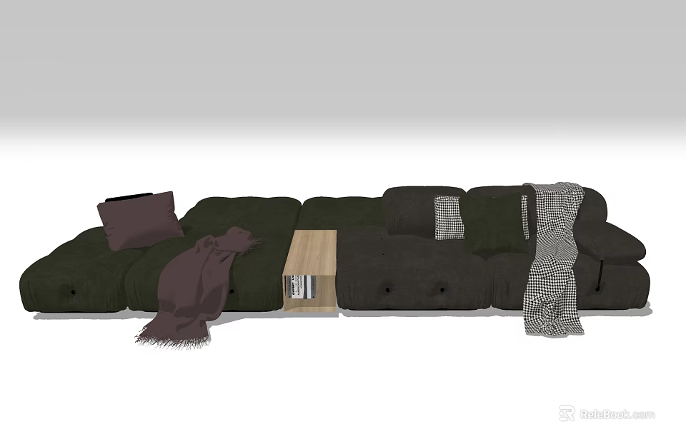 Green Sectional Multi Person Sofa With Throw Pillows Blankets And Wooden Table 3d model 