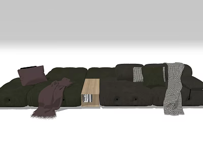Green Sectional Multi Person Sofa With Throw Pillows Blankets And Wooden Table 3d model