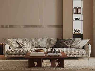 Modern Three-Seater Sofa With Beige Upholstery Plush Cushions And Wooden Coffee Table Books Decor 3d model