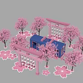 Vibrant Pink Cherry Blossom Trees Surrounding Blue Tram In Scenic Spring Setting