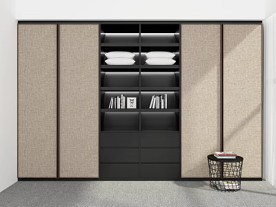 Modern Wardrobe Interior With Sliding Beige Black Doors Open Shelves Pillows Books And Drawers 3d model