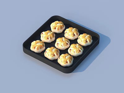 Delicious Eight Baked Pastries On Black Tray With Crispy Brown Patterns 3d model