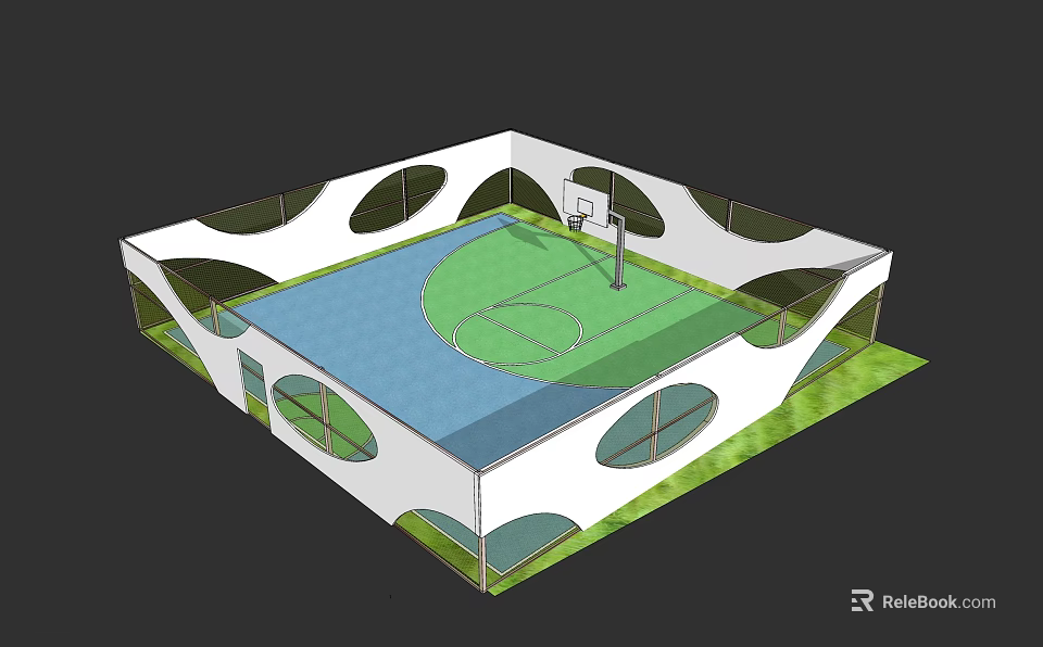 Basketball Court Interior Design With Green Blue Flooring And Basketball Hoop 3d model 