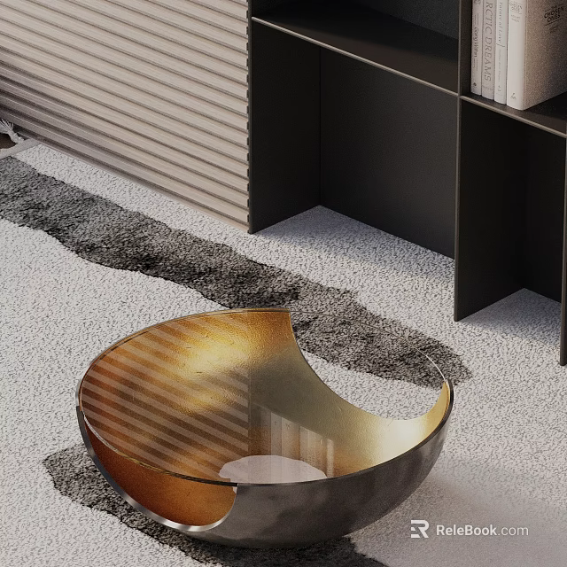 Modern Sofa Coffee Table Combination with Golden Glass in Living Room with Bookshelf and Rug 3d model 