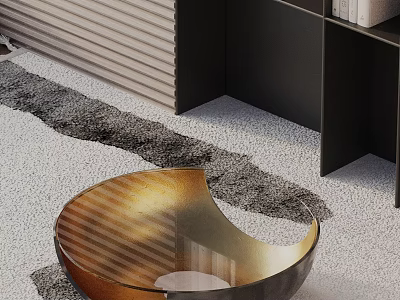 Modern Sofa Coffee Table Combination with Golden Glass in Living Room with Bookshelf and Rug 3d model