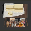 Open Wooden Wardrobe With Hanging Clothes Drawers And Cardboard Boxes On Top