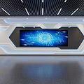 Futuristic Interior Space With Large Screen Blue Tech Graphic And Illuminated Geometric Design