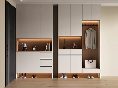 Modern Minimalist Shoe Cabinet With Open Shelf Storage And Hanging Area Decorative Plants And Clock 3d model