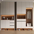 Modern Minimalist Shoe Cabinet With Open Shelf Storage And Hanging Area Decorative Plants And Clock
