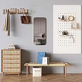 Modern Wall Mounted Storage Rack With Pegboard Clock Mirror Bench And Cabinet 3d model