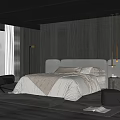 Modern Bedroom Interior With Gray Wooden Wall Minimalist Bed Frame Beige Bedding Black Armchair