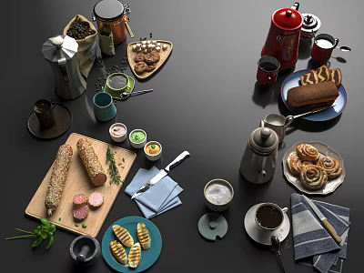 Assorted Delicious Food Selection With Grilled Sausages Bread Pastries Coffee And Sauces 3d model