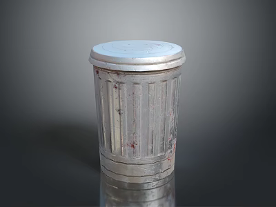 Silver Trash Can With Lid Striped Design Showing Red Stains On Dark Surface 3d model