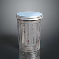 Silver Trash Can With Lid Striped Design Showing Red Stains On Dark Surface