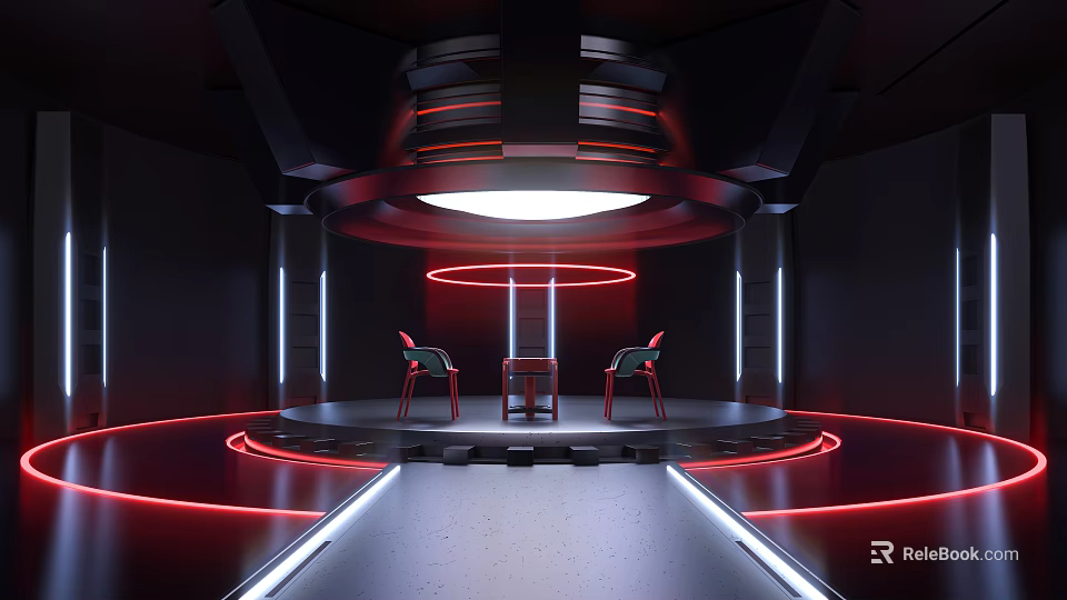 Futuristic Interior Design Featuring Red Neon Lights Two Chairs Central Table And Circular Light 3d model 