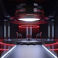 Futuristic Interior Design Featuring Red Neon Lights Two Chairs Central Table And Circular Light