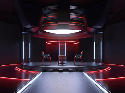 Futuristic Interior Design Featuring Red Neon Lights Two Chairs Central Table And Circular Light 3d model