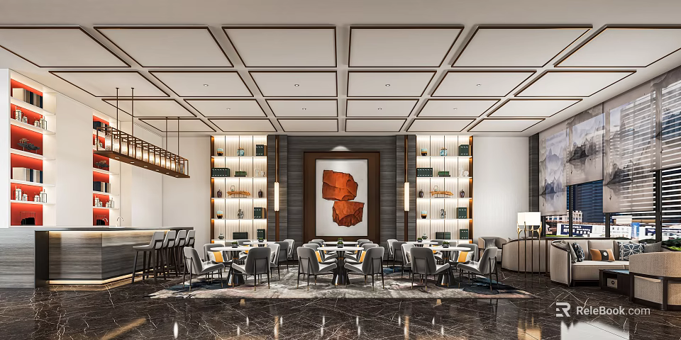 Modern Lounge Area Design With Wooden Bookshelves Art Painting Pendant Lights And Marble Floor 3d model 