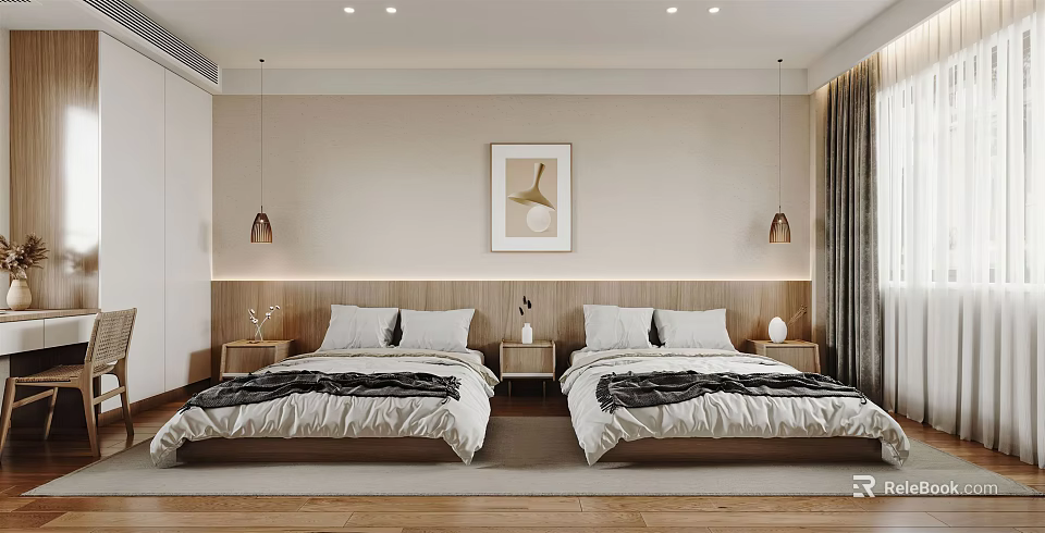 Modern Hotel Guest Room With Twin Beds Wooden Headboard Decorative Painting Pendant Lights And Nightstands 3d model 