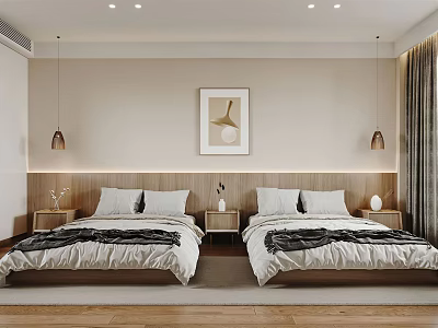 Modern Hotel Guest Room With Twin Beds Wooden Headboard Decorative Painting Pendant Lights And Nightstands 3d model