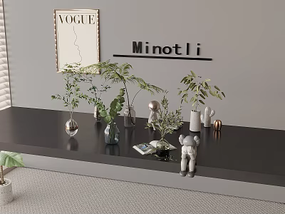 Stylish Indoor Aquatic Plants Display With Glass Vases Magazine And Figurines 3d model