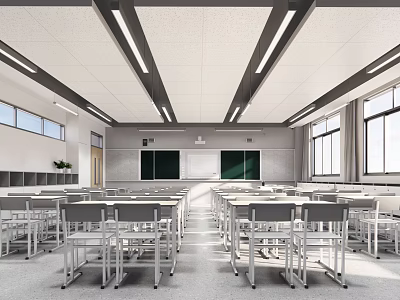 School Classroom Interior With Rows Of Desks Chairs Blackboards Windows And Ceiling Lighting 3d model