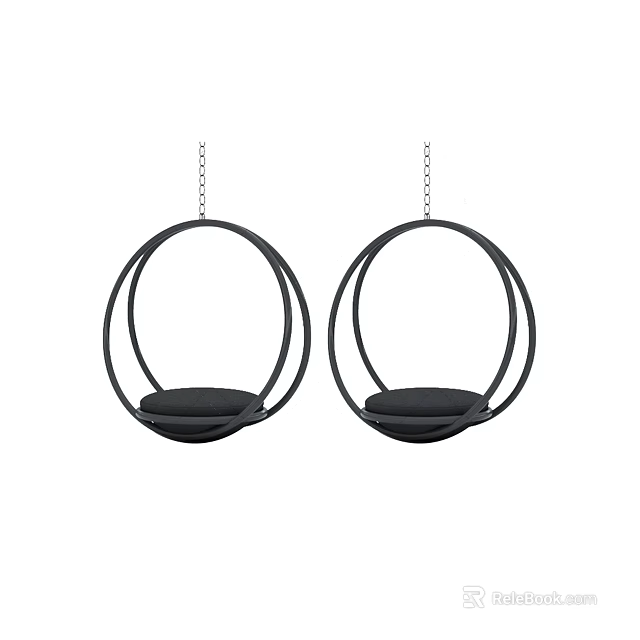 Two Black Hanging Chairs with Round Frame and Modern Suspended Comfortable Design 3d model